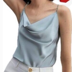 House Of Harlow 1960 Satin Blue Cow Neck Rhinestone Strap Camisole Top M